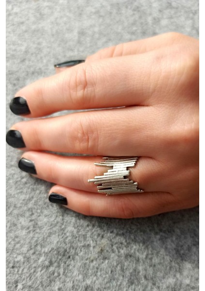 Ntik Gümüş Kaplama Ince Çizgiler Şekilli El Yapımı Ayarlanabilir Unisex Yüzük modelleri
