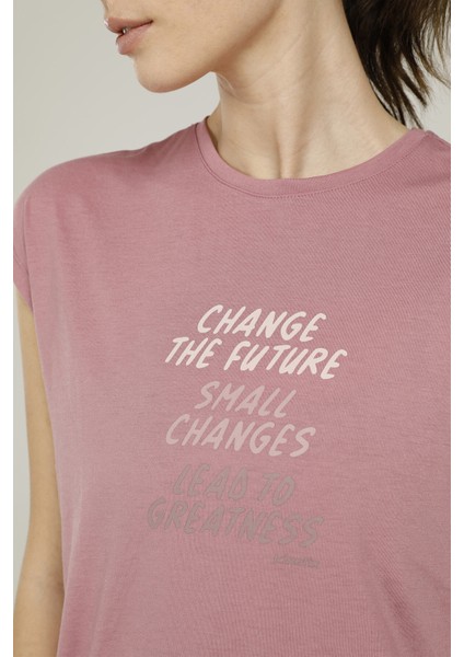 SN629 Lora Slogan Detaıle Pembe Kadın T-Shirt