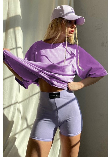 Lila Oversize Basic Kadın Tişört