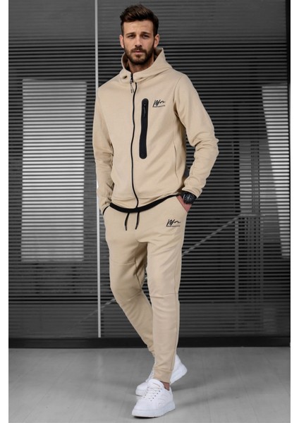 Bej Baskılı Regular Fit Erkek Eşofman Takımı