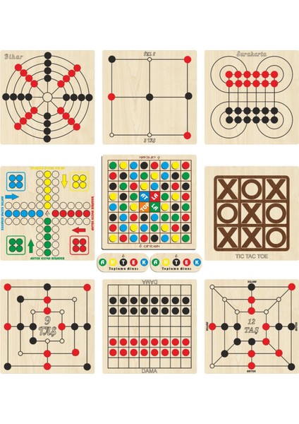 Ahşap Oyun Seti 9 Lu, Atla Topla+Kızma Birader+Dama+3 Taş+9 Taş+12 Taş+Bihar+Surakarta+Tic-Tac-Toe