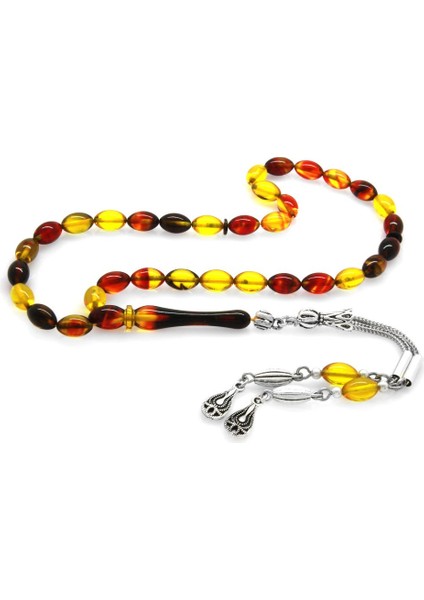 Kararmaz Metal Su Damlası Püsküllü Arpa Kesim Bilek Boy Bala-Kırmızı Ateş Kehribar Tesbih