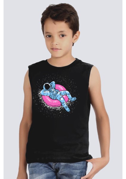 Havuzda Astronot Siyah Kesik Kol | Kolsuz Erkek Çocuk T-Shirt | Atlet