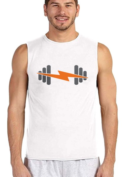Şimşek Spor Beyaz Kesik Kol | Kolsuz Erkek T-Shirt | Atlet