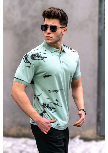 Polo Yaka Desenli Mint Yeşili Erkek Tişört