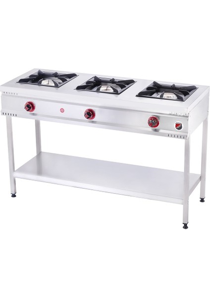 Silverinox Endüstriyel Doğalgazlı Taban Raflı Midi 3 Gözlü Ocak