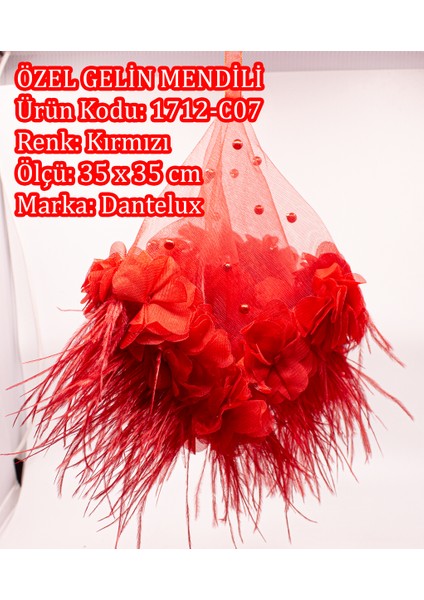 Tüylü Özel Gelin Halay Mendili 1712-C07 Kırmızı
