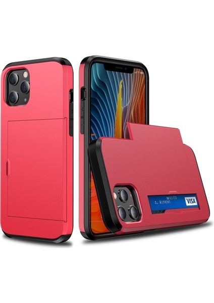 Apple iPhone 12 6.1 Inç Uyumlu Kart Yuvalı Plastik + Tpu Hibrit Telefon Kılıfı - Kırmızı (Yurt Dışından)