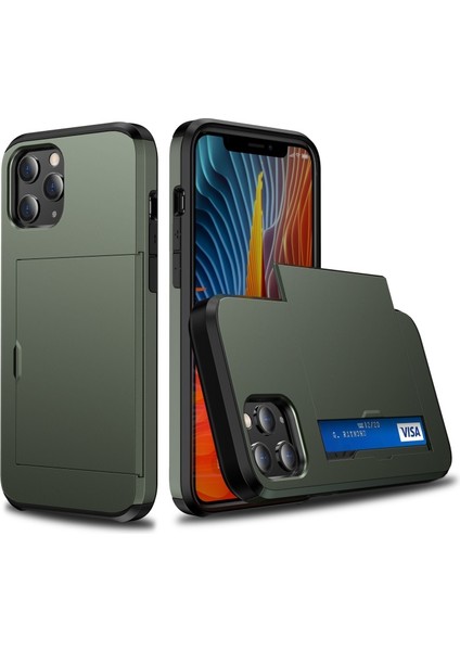 Apple iPhone 12 6.1 Inç Uyumlu Kart Yuvalı Plastik + Tpu Hibrit Telefon Kılıfı - Ordu Yeşil (Yurt Dışından)