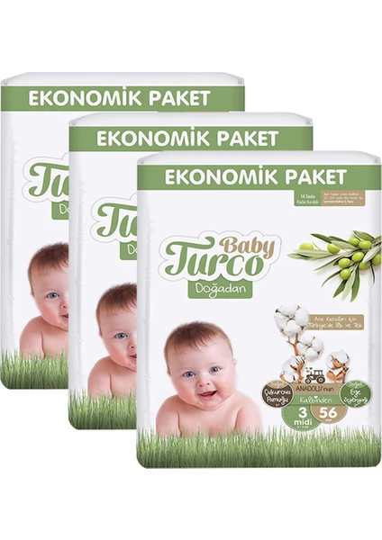 Baby Turco Doğadan 3 Beden Midi 56X3 168 Adet Bebek Bezi