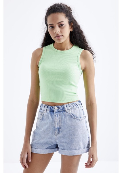 Fıstık Yeşil Basic Kolsuz O Yaka Kadın Crop Top Atlet - 97204