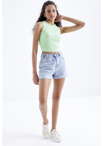 Fıstık Yeşil Basic Kolsuz O Yaka Kadın Crop Top Atlet - 97204