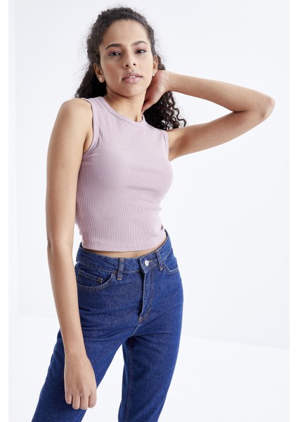 Gül Kurusu Basic Kolsuz O Yaka Kadın Crop Top Atlet - 97204