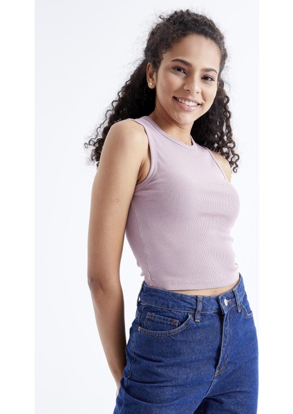 Gül Kurusu Basic Kolsuz O Yaka Kadın Crop Top Atlet - 97204