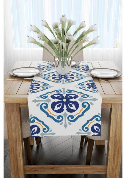 Beyaz Mavi Modern Etnik Karo Desenli Dijital Baskılı Runner CGH577-RN