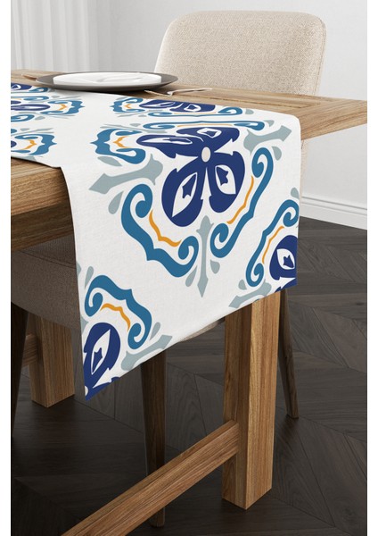 Beyaz Mavi Modern Etnik Karo Desenli Dijital Baskılı Runner CGH577-RN fiyatları