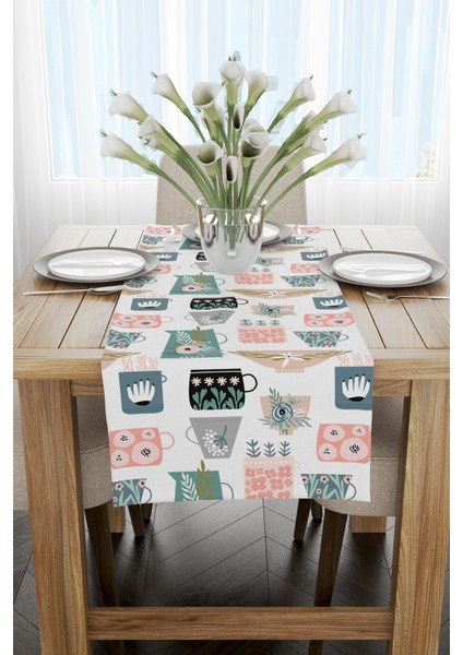 Beyaz Pembe Dekoratif Obje Desenli Dijital Baskılı Runner CGH585-RN