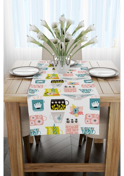 Beyaz Çok Renkli Dekoratif Fincan Desenli Dijital Baskılı Runner CGH608-RN