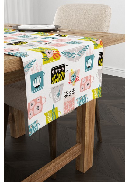 Beyaz Çok Renkli Dekoratif Fincan Desenli Dijital Baskılı Runner CGH608-RN fiyatları