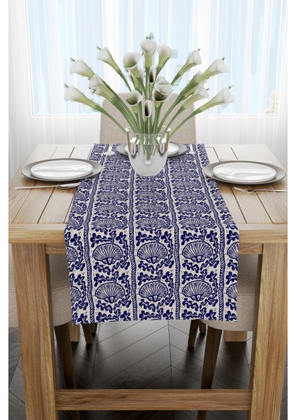 Lacivert Bej Marin Temalı Deniz Kabuğu Desenli Dijital Baskılı Runner CGH632