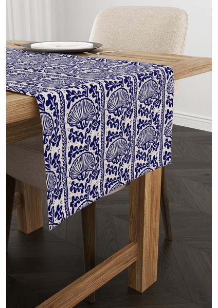 Lacivert Bej Marin Temalı Deniz Kabuğu Desenli Dijital Baskılı Runner CGH632 fiyatları