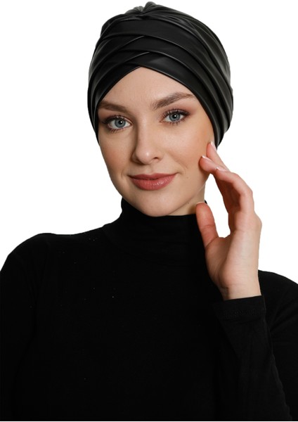 Üç Bantlı Deri Siyah Astarlı Hazır Türban Tesettür Bone