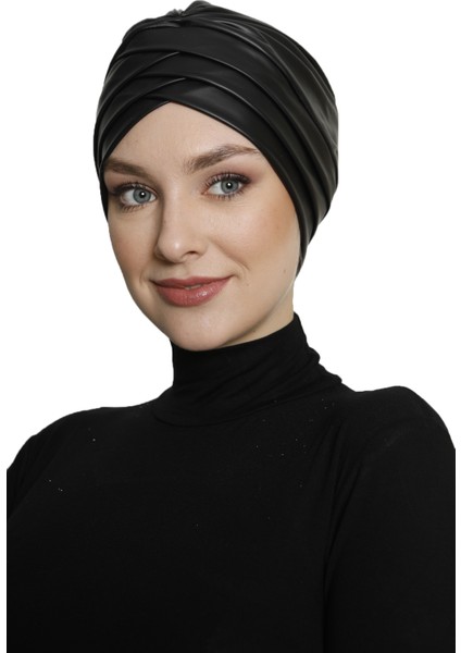 Üç Bantlı Deri Siyah Astarlı Hazır Türban Tesettür Bone