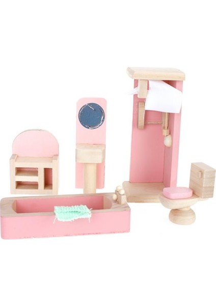 Vintage Ahşap Banyo Seti Bebekler Evin Minyatür Mobilya Pembe Açık Pembe (Yurt Dışından)