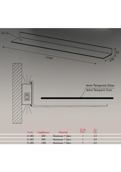 Arka Aydınlatmalı Raf 120 Cm-Siyah