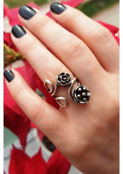 Antik Gümüş Kaplama Çiçek Şekilli El Yapımı Ayarlanabilir Kadın Yüzük fiyatları