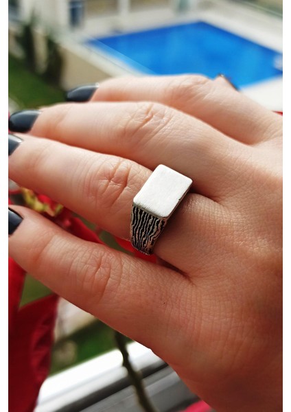 Antik Gümüş Kaplama Dikdörtgen Şekilli El Yapımı Ayarlanabilir Unisex Yüzük