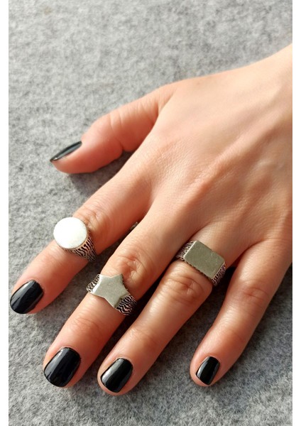 Antik Gümüş Kaplama Oval - Yıldız - Dikdörtgen Şekilli El Yapımı Ayarlanabilir Unisex Yüzük Seti