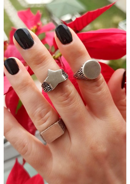 Antik Gümüş Kaplama Oval - Yıldız - Dikdörtgen Şekilli El Yapımı Ayarlanabilir Unisex Yüzük Seti fiyatları