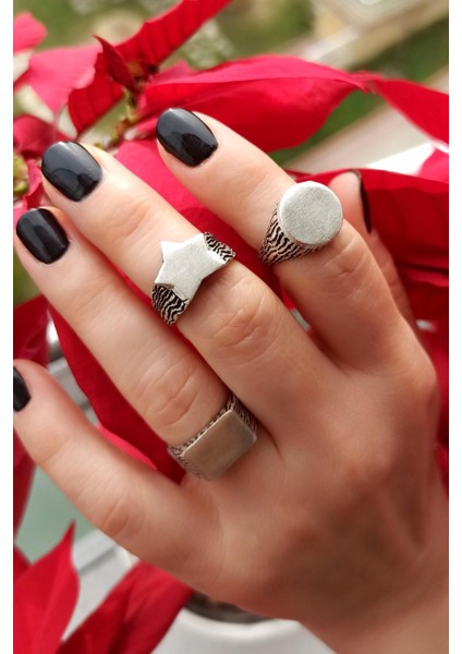 Antik Gümüş Kaplama Oval - Yıldız - Dikdörtgen Şekilli El Yapımı Ayarlanabilir Unisex Yüzük Seti modelleri