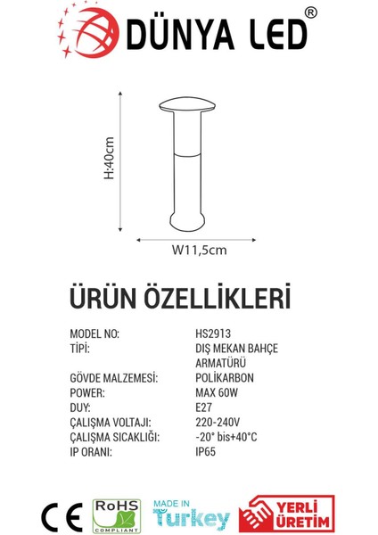 Dünya Led HS.2913 Dış Mekan Bahçe Aydınlatması IP65 Su Geçirmez