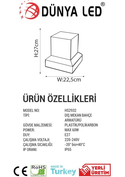 Dünya Led HS.2932 Dış Mekan Bahçe Aydınlatması IP65 Su Geçirmez