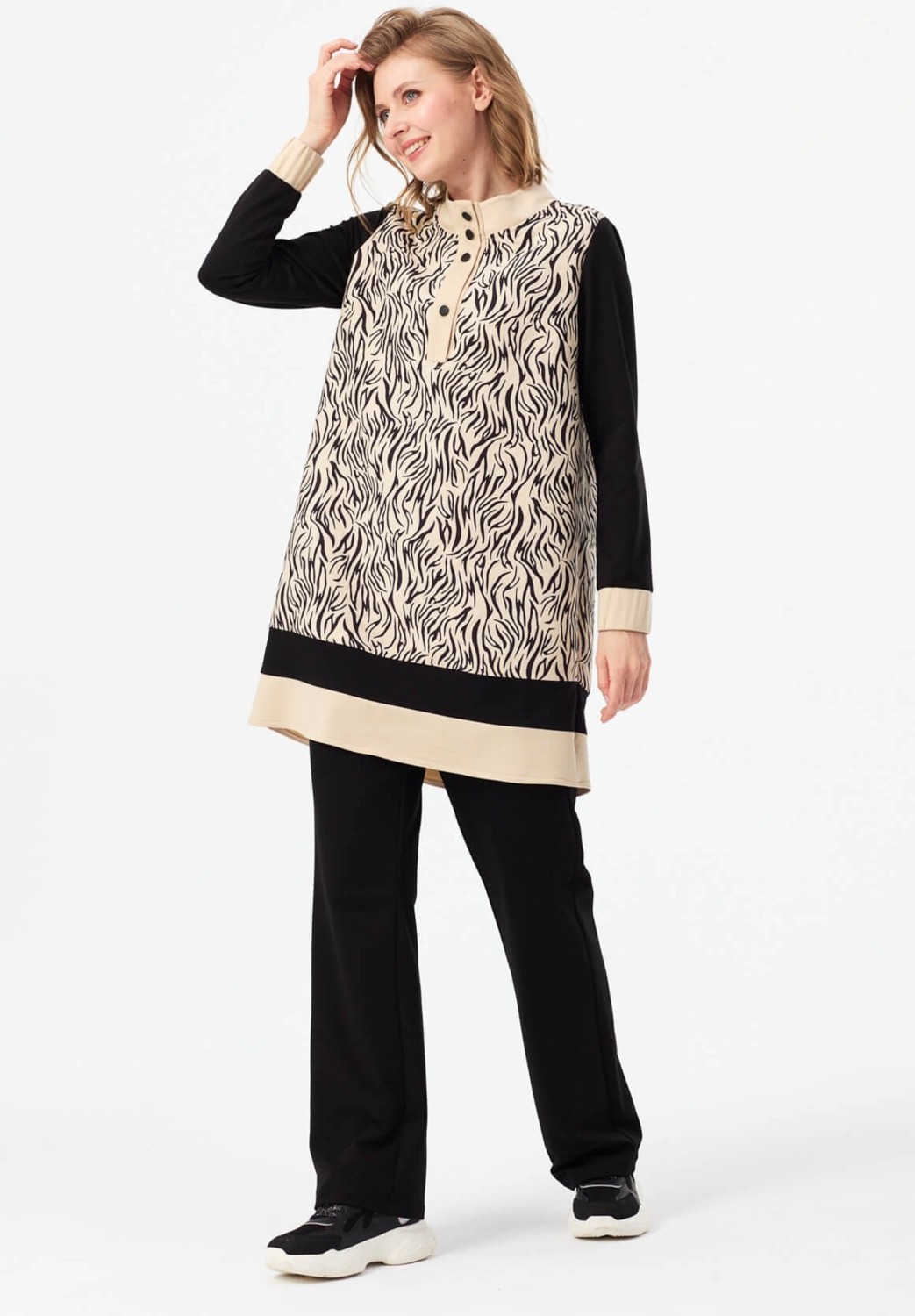Esswaap Tiger Desenli Sweatshirt Bej görsel 2