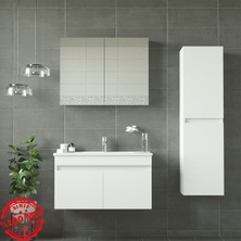 Banos TM3 Ayaksız 2 Kapaklı Lavabolu Beyaz Mdf 85 cm Banyo Dolabı + Aynalı Banyo Üst Dolabı + Banyo Boy Dolabı