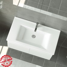 Banos TM3 Ayaksız 2 Kapaklı Lavabolu Beyaz Mdf 85 cm Banyo Dolabı + Aynalı Banyo Üst Dolabı + Banyo Boy Dolabı