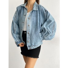 Fav Style Kadın Balon Kol Oversize Çift Cepli Denim Ceket Yıkamalı Mavi