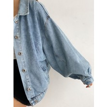 Fav Style Kadın Balon Kol Oversize Çift Cepli Denim Ceket Yıkamalı Mavi