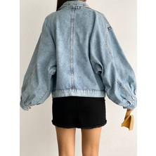 Fav Style Kadın Balon Kol Oversize Çift Cepli Denim Ceket Yıkamalı Mavi