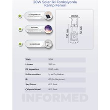 Informed Güneş Enerjili Solar 20 W Iki Fonksiyonlu Kamp Feneri 3200 Kelvın Beyaz Işık