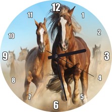 Cakatablo Tozlu Zeminde Koşan Kahve Rengi Atlar Duvar Saati  (Çap 30X30 Cm)