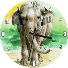 Cakatablo Yeşillikler Önünde Fil Suluboya Çizim Duvar Saati (Çap 30X30 Cm)