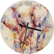 Cakatablo Neşeli Yavru Fil Suluboya Çizim Duvar Saati (Çap 30X30 Cm)