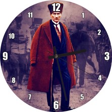 Cakatablo Siyah Beyaz Cephede Renkli Atatürk Duvar Saati (Çap 30X30 Cm)