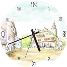 Cakatablo Avrupa Kasabası Kilise ve Binalar Çizim Duvar Saati (Çap 30X30 Cm)