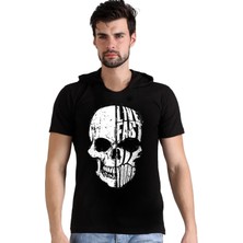 Rock&Roll Hızlı Yaşa Siyah Kapşonlu Kısa Kollu Erkek T-Shirt