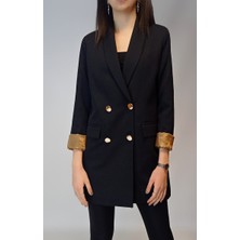 Oyya Gold Düğmeli Kahverengi Astarlı Kadın Blazer Ceket
